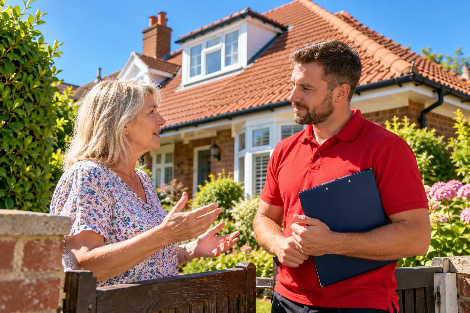 Roofer and homeowner discussing roofing needs beside a brick home