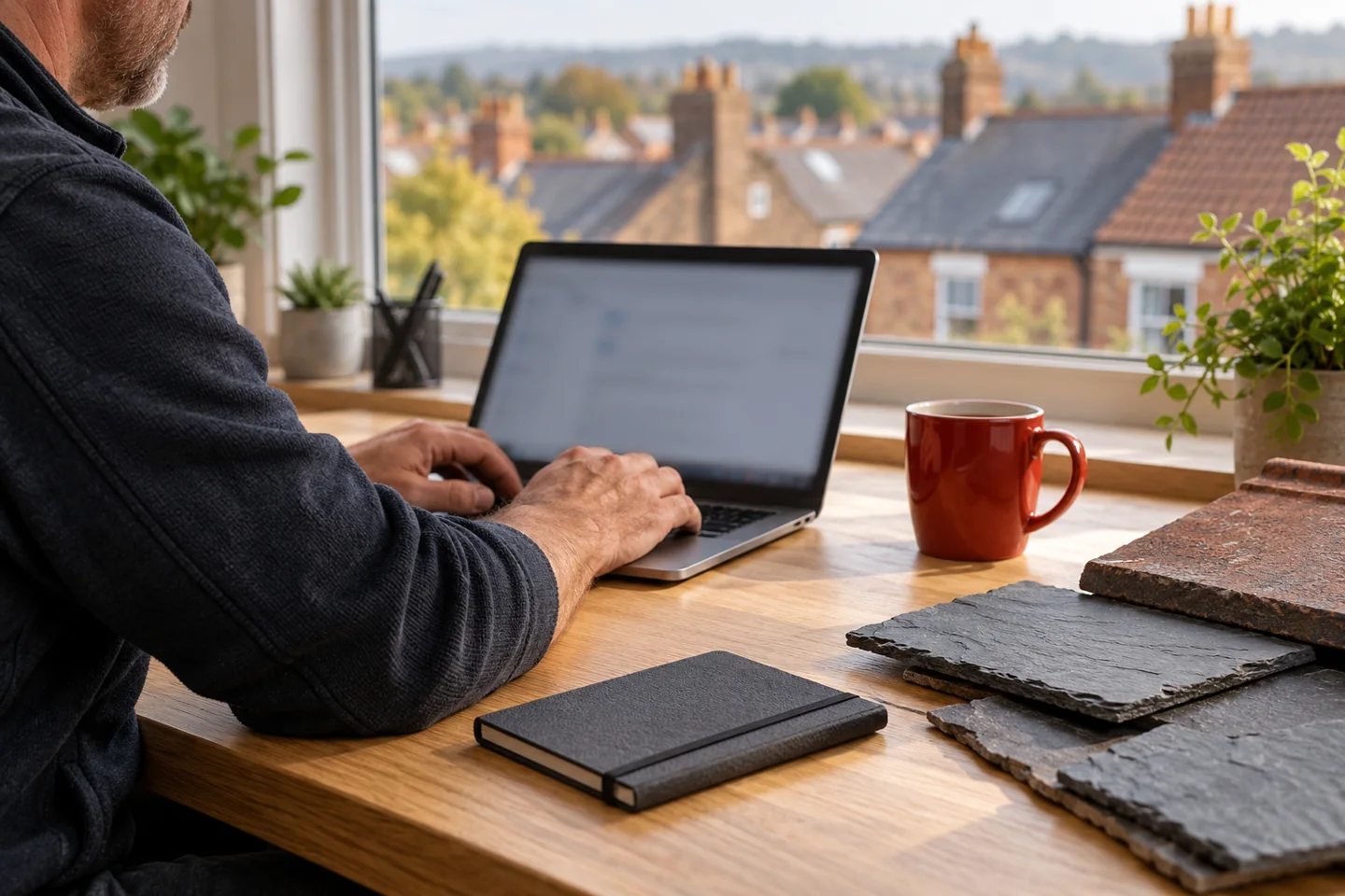 Illustration: Roofing contractor discussing advertising messages at a desk