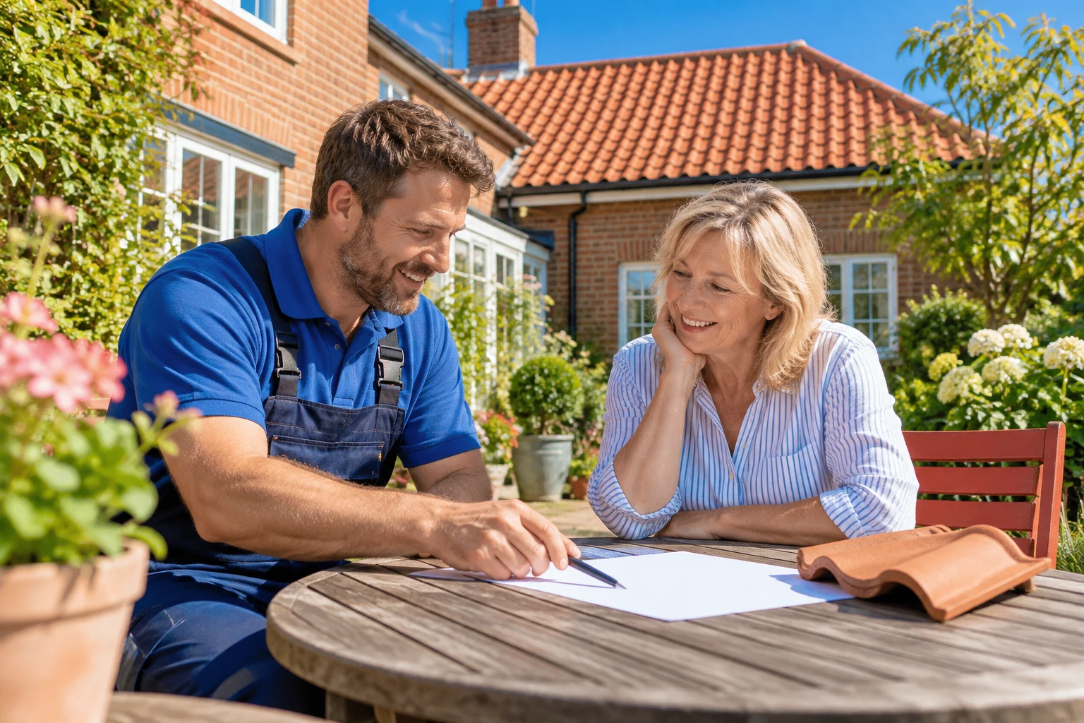 Illustration: Roofer listening to a homeowner beside a quotation and tile sample in a colourful garden