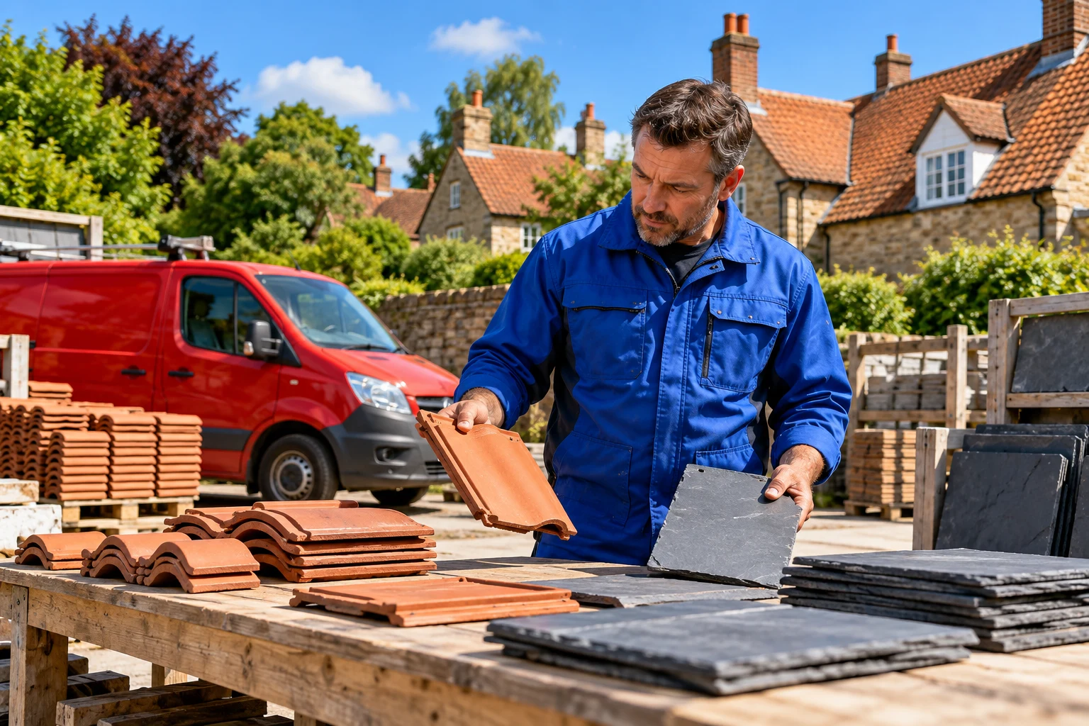 Illustration: Roofer comparing terracotta tiles and slate beside a red van under a bright blue sky