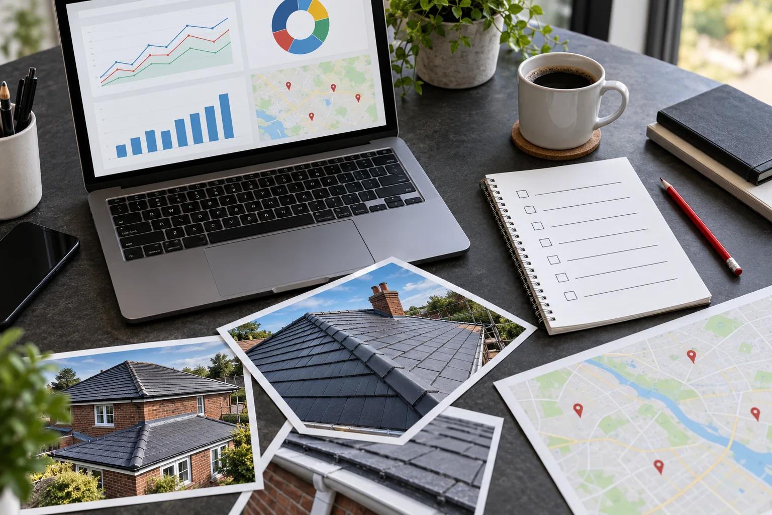 Illustration: Desk arranged for a local roofing visibility review