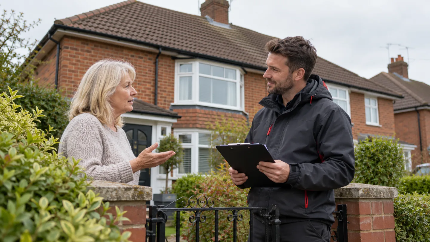 Illustration: Homeowner discussing roofing service questions with an office coordinator