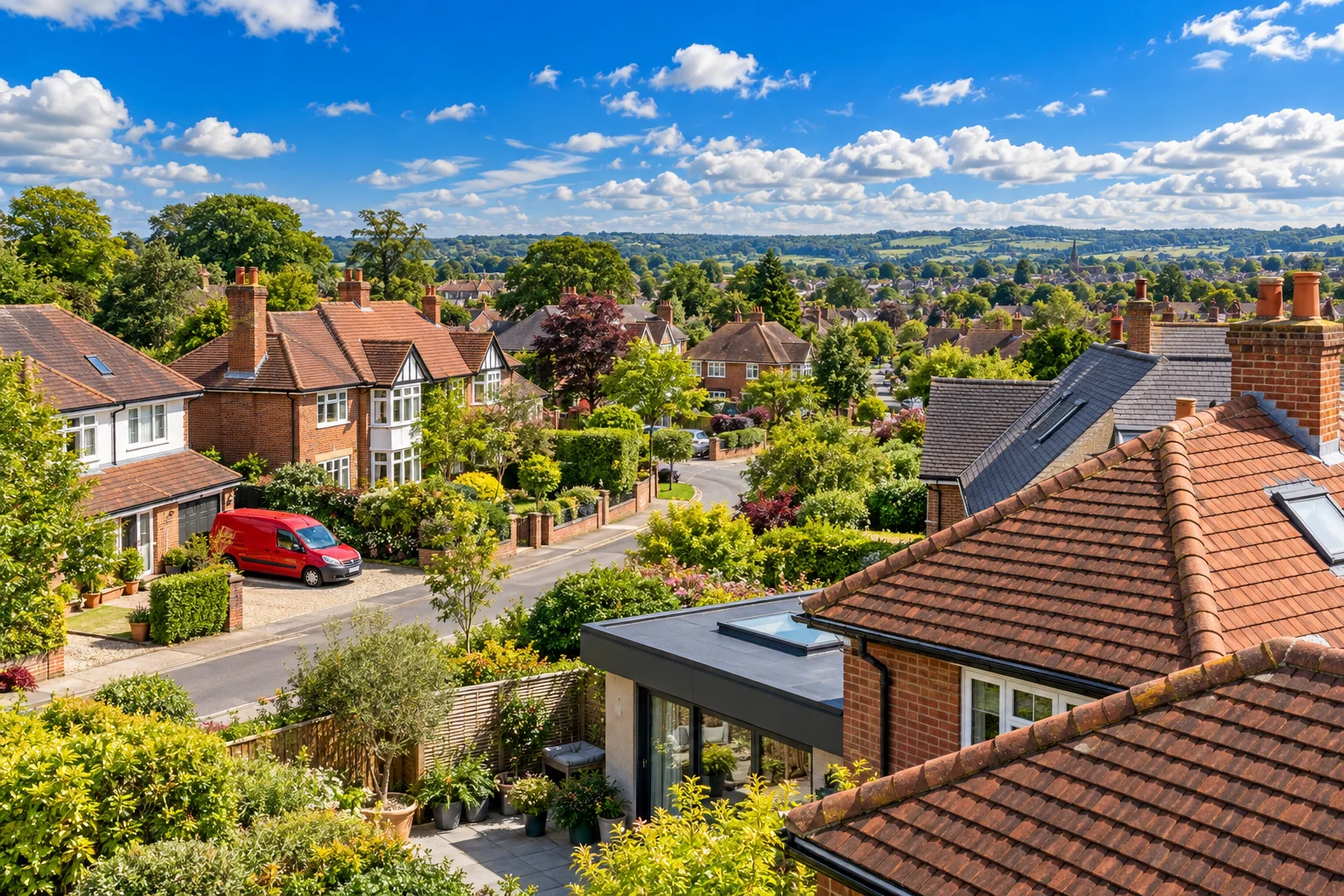 Illustration: Vibrant British neighbourhood with varied roof types, gardens and a red trades van