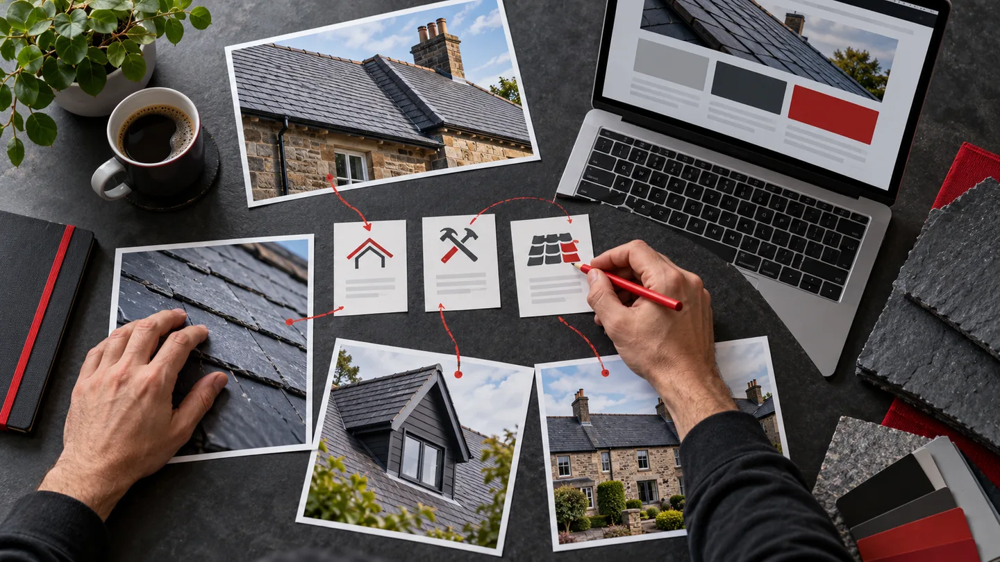 Illustration: Website planner organising related roofing services and project examples