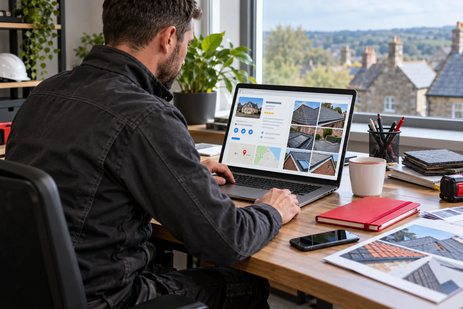 Illustration: Roofer reviewing a local business profile on a laptop