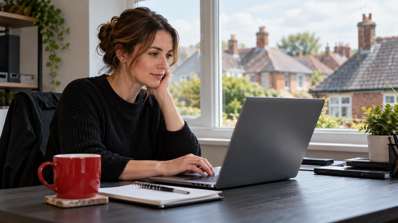Illustration: Roofing office manager responding to a homeowner message on a laptop