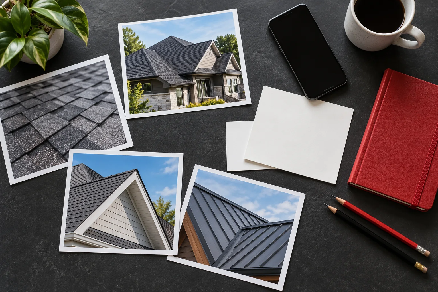 Illustration: Roof photographs and blank planning cards on a desk
