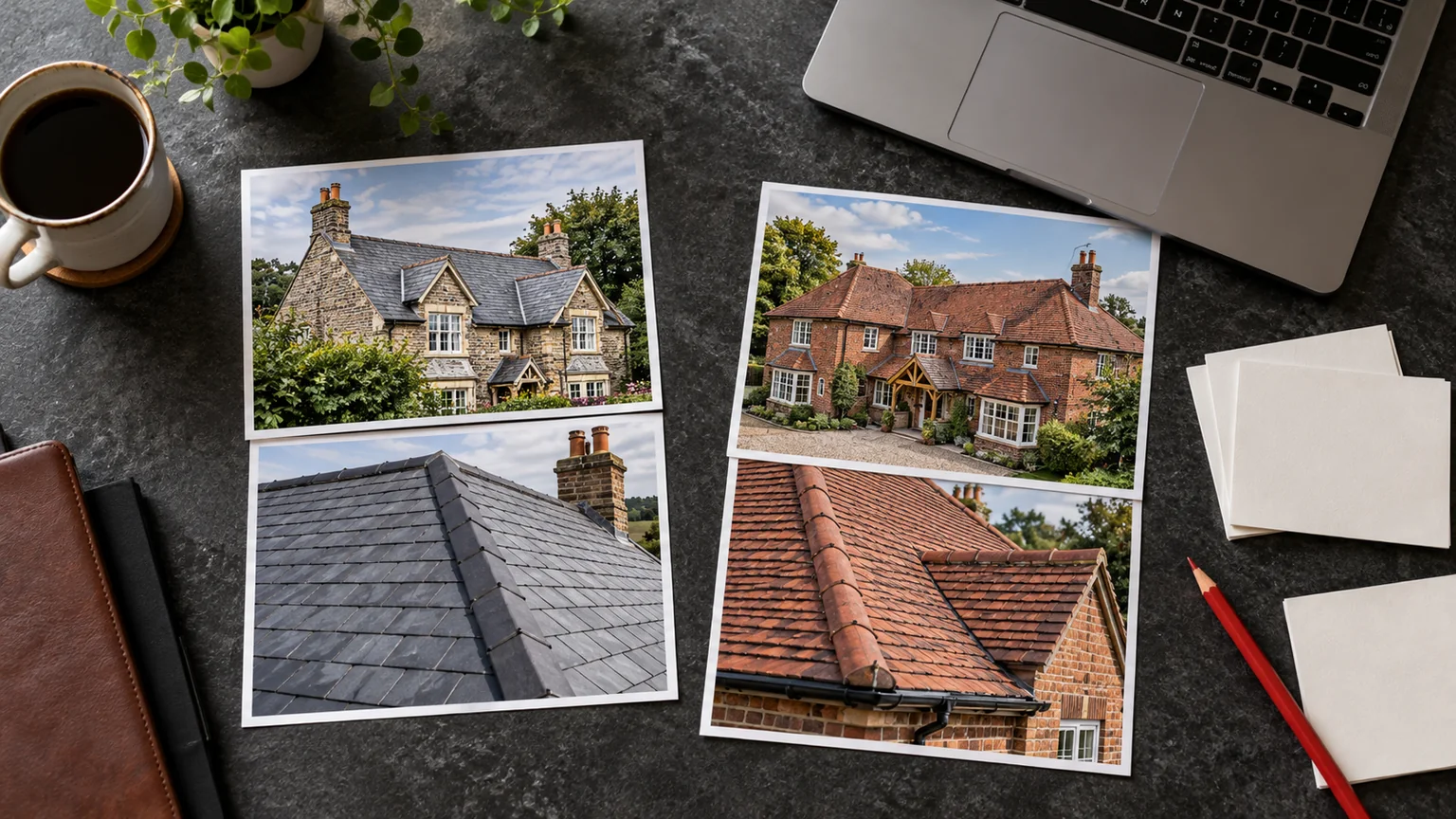 Illustration: Printed roof project images arranged for an advertising comparison