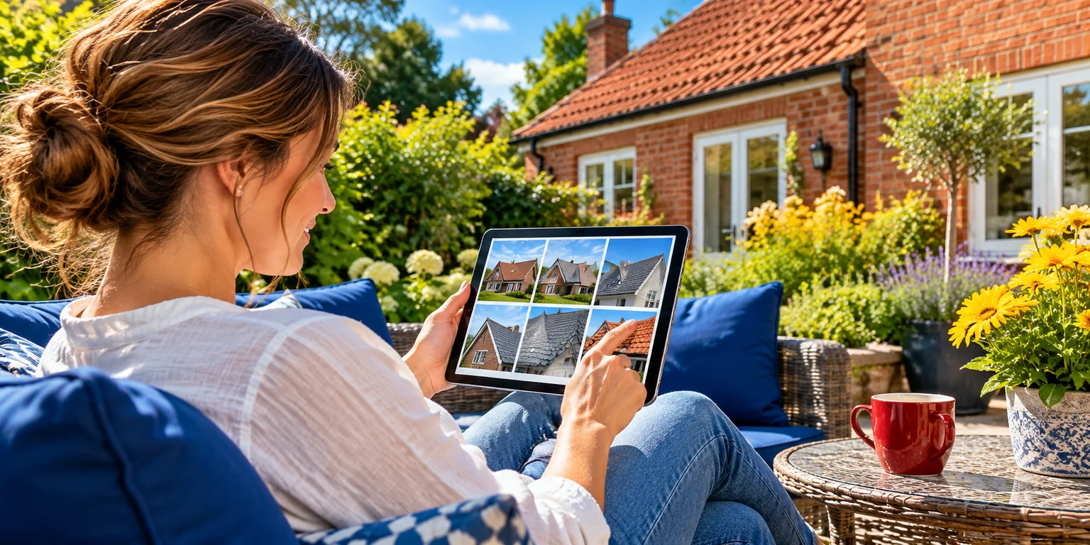 Illustration: Homeowner viewing roof photographs on a tablet on a colourful garden patio