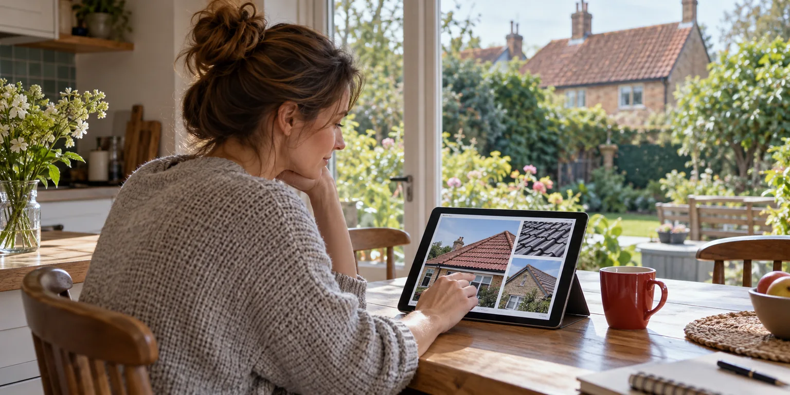 Illustration: Homeowner reviewing roofing project imagery on a tablet
