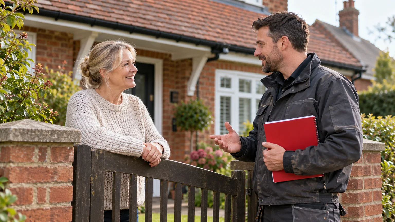 Illustration: Homeowner and roofer talking at the front gate of a brick home