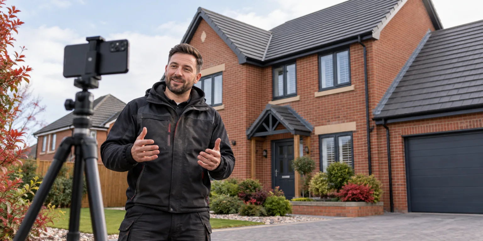 Illustration: Roofing business owner recording a smartphone video outside a house