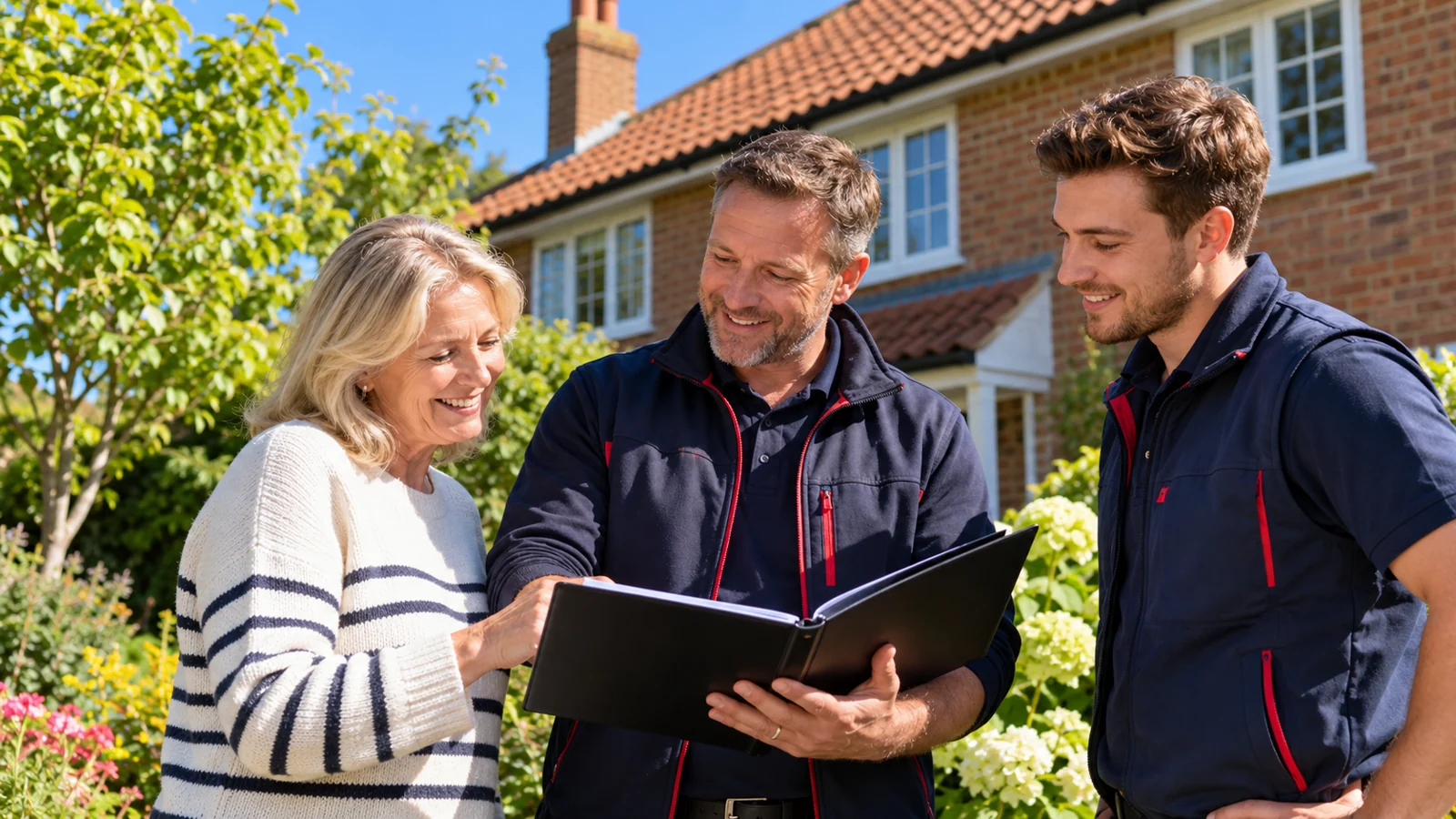 Illustration: Roofing business colleagues discussing a folder with a homeowner outside a brick house.