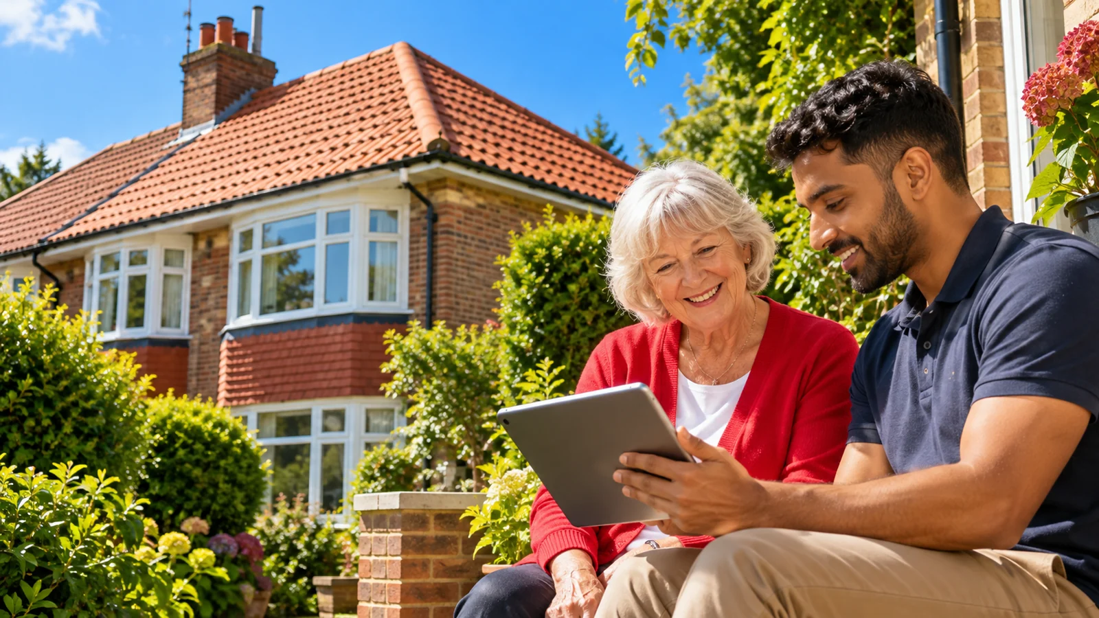 Illustration: An older homeowner and younger adult reviewing a tablet beside a bright tiled-roof house.