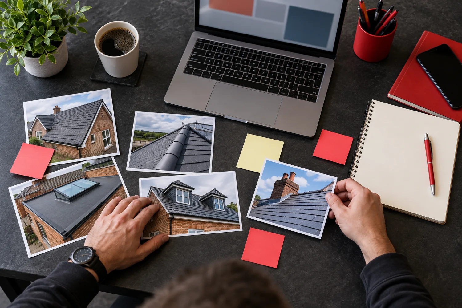 Illustration: Roof project photographs and content review notes on a desk