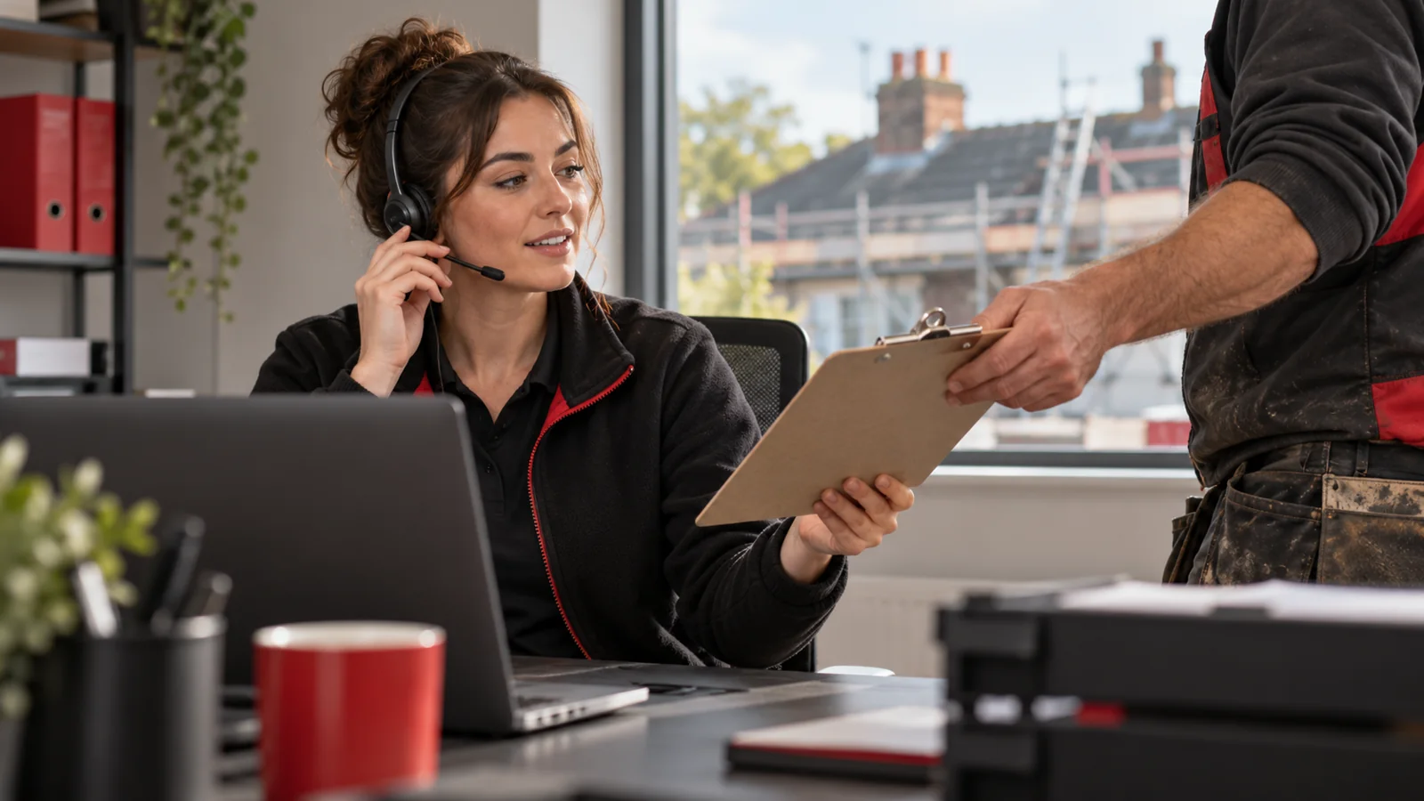 Illustration: Roofing office administrator coordinating a customer enquiry