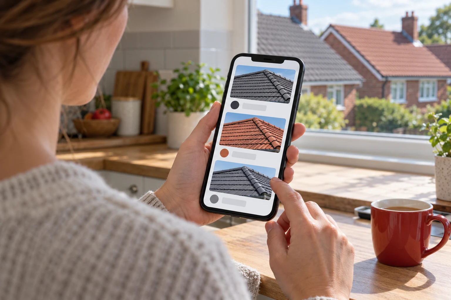 Illustration: Homeowner browsing a roofing company website on a phone