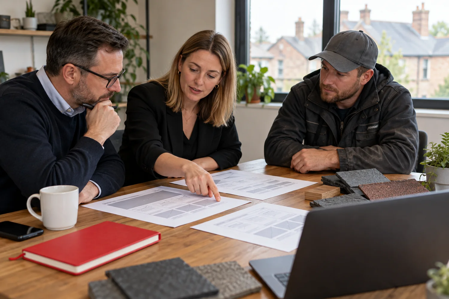 Illustration: Roofer and website planner discussing a clear redesign brief