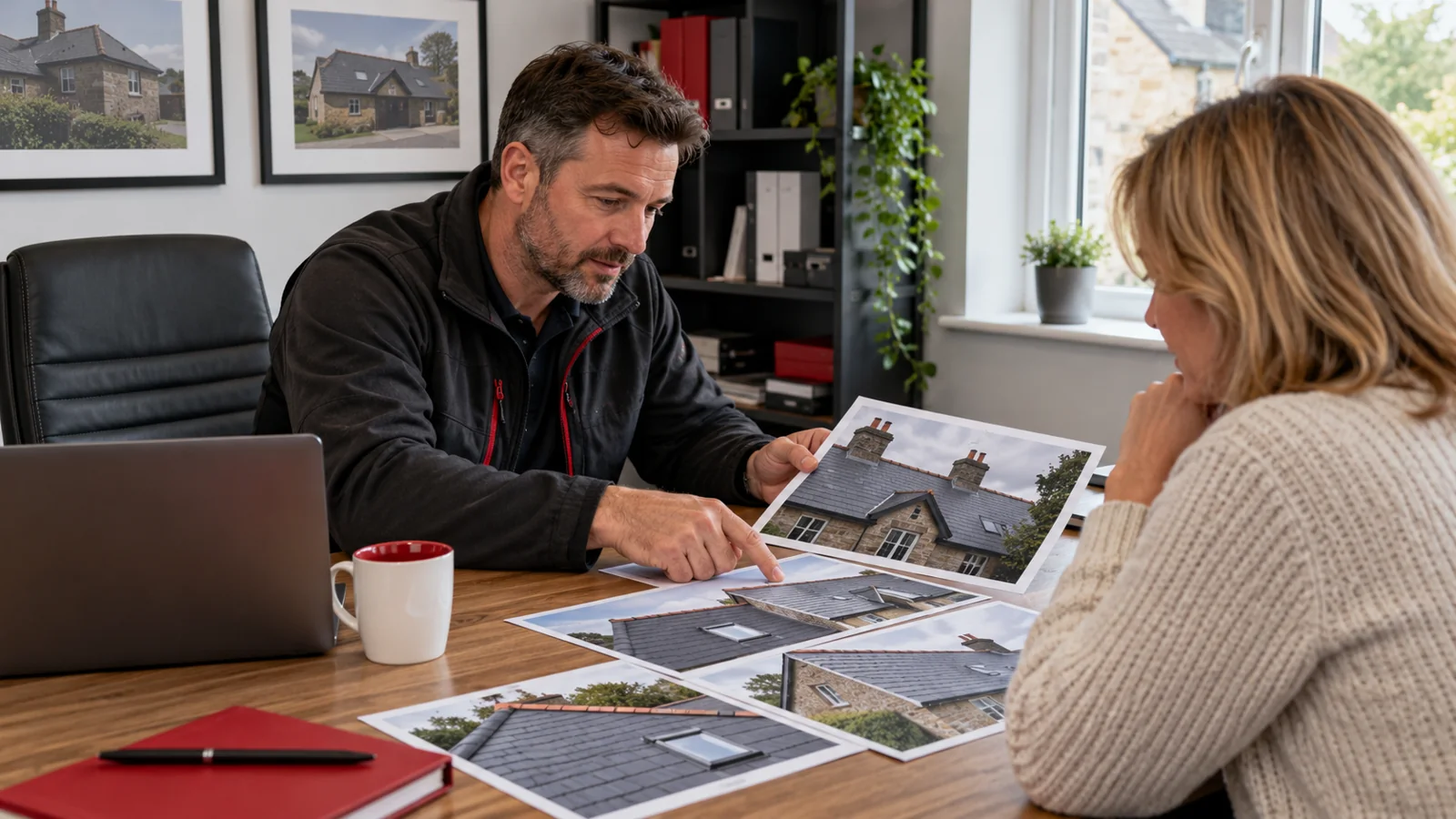 Illustration: Roofing business owner sharing completed project evidence with a homeowner